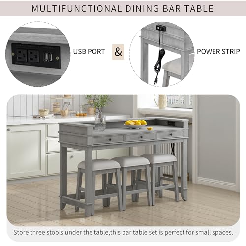 4-piece Dining Bar Table Set with 3 Upholstered Stools, Rubber Wood Counter Height Multifunctional Dining Table with 3 Drawers and USB Port, Side Table with Footrest Pub Kitchen Set (Grey-N2) - color: Grey-n2
