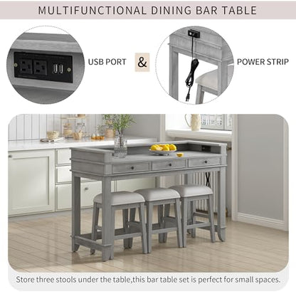 4-piece Dining Bar Table Set with 3 Upholstered Stools, Rubber Wood Counter Height Multifunctional Dining Table with 3 Drawers and USB Port, Side Table with Footrest Pub Kitchen Set (Grey-N2) - color: Grey-n2