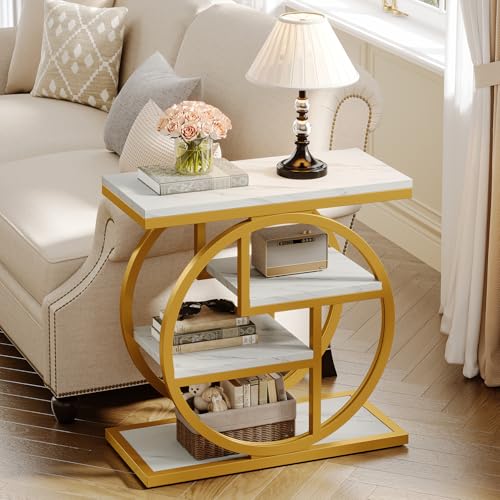 Tribesigns End Table for Living Room, Modern Faux Marble Narrow Side Table with Storage Shelves, 4-Tier Bedside Table for Bedroom, Small Sofa Side Table with Geometric Metal Frame (1 PC, White & Gold) - color: White & Gold
