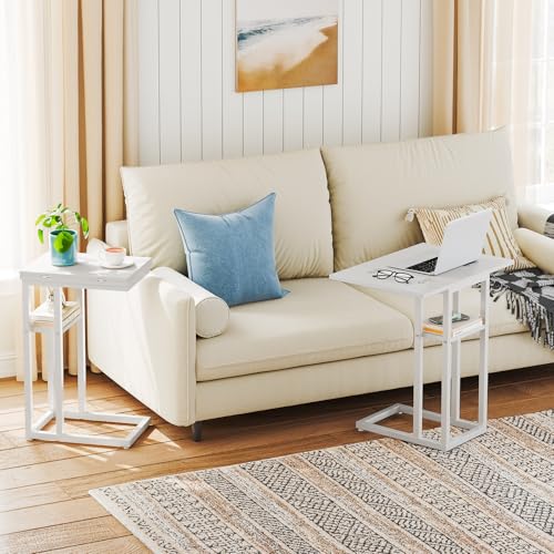 HOOBRO Foldable C Shaped End Table, C Shaped Side Table with Storage Shelf, Small Snack Table, Slide Under Couch Table for Sofa, Living Room Bedroom Small Spaces Easy Assembly, White WW29SF01 - color: White