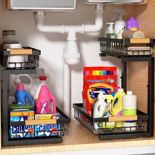 Liuoud Under Sink Organizer 2 Pack, 2 Tier Slide Out Large Capacity Height Adjustable Under Sink Organizers and Storage for Kitchen Bathroom Cabinet, Black - color: Black