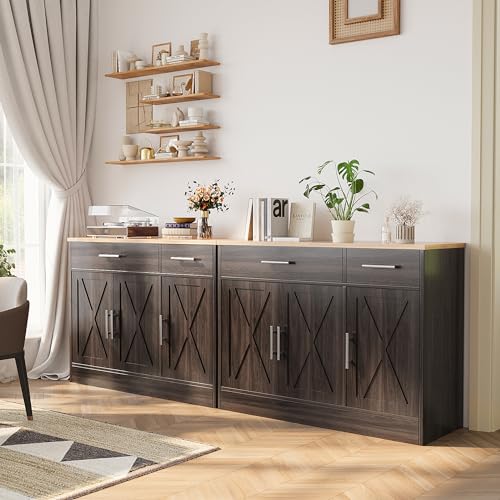 Shintenchi Modern Farmhouse Sideboard Buffet Cabinet,Barn Doors Buffet Cabinet with 2 Drawers & 3 Doors,Wood Coffee Bar Cabinet with Adjustable Shelf for Kitchen Living Room,Brown - color: Brown