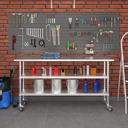 AmGood Stainless Steel Work Table with 2 Shelves and Casters | Metal Utility Table On Wheels (Stainless Steel Work Table with 2 Shelves + Casters, 72" Long x 18" Deep) - size: 72" Long x 18" Deep