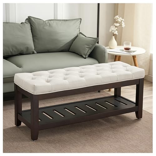 44" Entryway Bench with Shoe Storage, End of Bed Bench, Upholstered Ottoman Storage, 500 LBS Capacity for Entryway, Living Room, Hallway - color: White-1