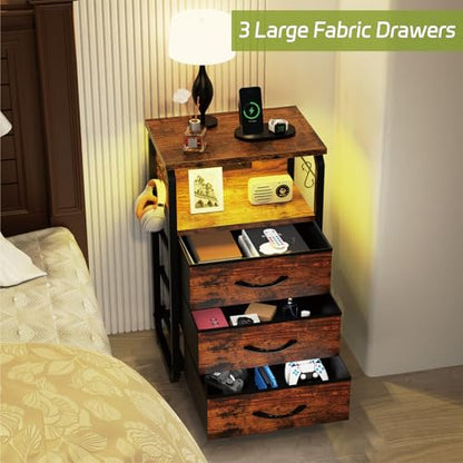 runjuly Night Stand with Charging Station, LED Nightstand with 3 Fabric Drawers and Hooks, Small End Table with Light and USB C Port, Storage Side Table for Bedroom, Rustic Brown - color: Rustic Brown, style: 3 Drawers
