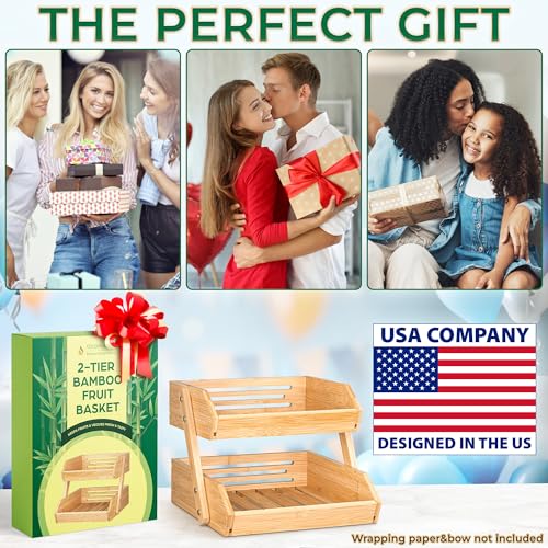 Fruit Basket with Banana Hanger - 2-Tier Bamboo Storage Organizer | Golden Nature space-saving stand holder bowl keeps fruits and vegetables organized, visible, and within easy reach