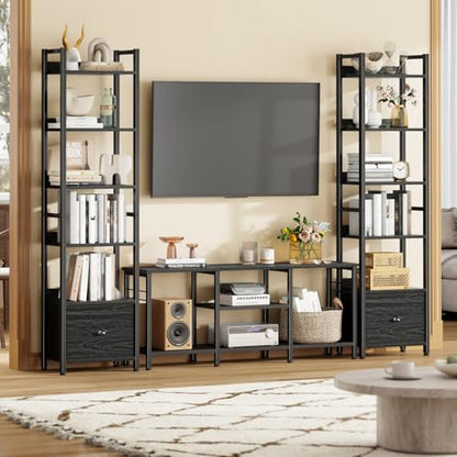 Furologee Book Shelf Set of 2, 6 Tier Tall Shelf with Drawer, Bookshelves and Bookcases Set of 2, Industrial Display Shelving Unit for Bedroom, Living Room, Home Office, Black Oak - color: Black Oak, size: 6 Tier-2 PCS