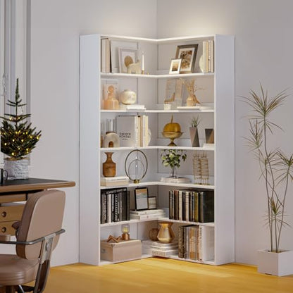 Corner Bookshelf, Freestanding L Shaped Display Shelf, 6 Tiers Bookcase with Baffles, Wooden Bookcase with Storage Organizer for Home Office, Living Room, Bedroom (35.2") - size: 35"