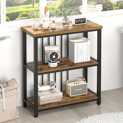 FOLUBAN 3 Tier Bookshelf, Industrial Wood and Metal Bookcase, Small Book Shelf for Home Office Bedroom Living Room, Rustic Brown - color: Brown, size: 12.6"D x 29.5"W x 32.3"H