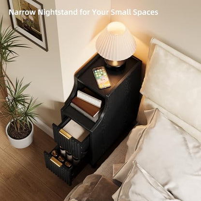 7.9" Narrow Fluted Nightstand Set of 2,Slim Side End Table with 2 Drawers,Black Modern Bedside Table,Skinny Night Stand for Small/Compact Space, Motorhome (Black) - color: Black