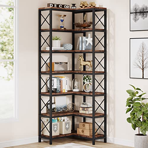Tribesigns 7-Shelf Corner Bookshelf,Large Modern Corner Bookcase, 7-Tier Tall Corner Shelf Storage Display Rack with Metal Frame for Living Room Home Office (Rustic Brown) - color: Rustic Brown