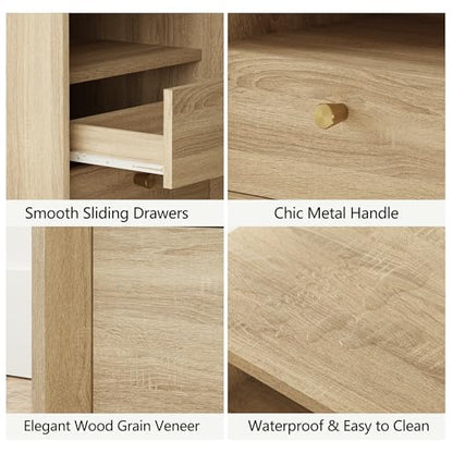 FORTUNETEC Nightstand with Charging Station, Mid Century Modern Nightstand with Wood Grain Texture, Boho End Table with Drawers Storage, Bedside Table for Bedroom Living Room Office, White Oak - color: White Oak, style: set of 1