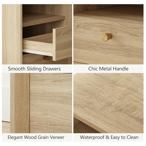 FORTUNETEC Nightstand Set of 2 with Charging Station, Mid Century Modern Nightstand with Wood Grain Texture, Boho End Table with Drawers Storage, Bedside Table for Bedroom Living Room, White Oak - color: White Oak, style: set of 2