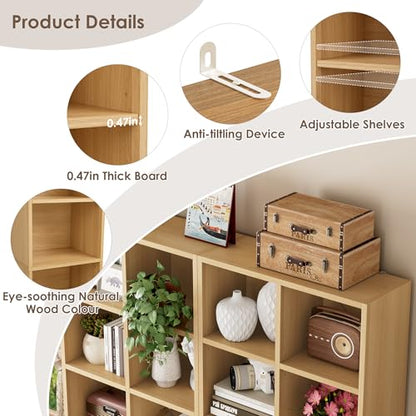FOTOSOK 71'' Tall Bookshelf with 14 Cubes, 7 Tier Double Wide Wood Bookshelf with 6 Adjustable Shelves, 19.6" Narrow Bookcase DVD/CD Media Storage, Space Saving Display Shelf Cabinet, Natural - color: Natural