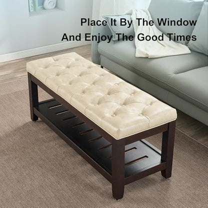 44" Entryway Bench with Shoe Storage, End of Bed Bench, Upholstered Ottoman Storage, 500 LBS Capacity for Entryway, Living Room, Hallway - color: Beige(pu)-1