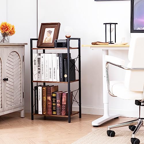 HCHQHS Small Bookshelf, Adjustable 3-Tier Industrial Bookcase, Rustic Open Book Shelf, Wood and Metal Horizontal Bookshelves - color: Rustic Brown, size: 3-Tier (16.5"W x 31.5"H, Adjustable)