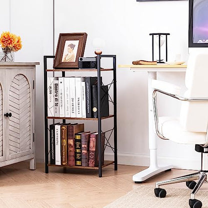 HCHQHS Small Bookshelf, Adjustable 3-Tier Industrial Bookcase, Rustic Open Book Shelf, Wood and Metal Horizontal Bookshelves - color: Rustic Brown, size: 3-Tier (16.5"W x 31.5"H, Adjustable)