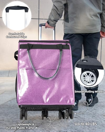 Reusable Grocery Bags on Wheels, Rolling Tote Bag, Starry Purple | for Groceries, Shopping, with Drawstring Bag 54L, Foldable, Laundry - color: Starry Purple