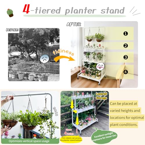lumizone Foldable 4-Tier Plant Stand With Wheels Indoor Outdoor Black | Hanging Plant Shelf No Assembly Required Pot Placement Area Sturdy Fall Prevention Storage Shelf Flower Pot Stand