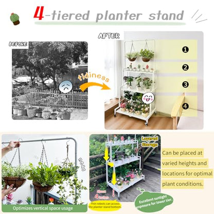 lumizone Foldable 4-Tier Plant Stand With Wheels Indoor Outdoor Black | Hanging Plant Shelf No Assembly Required Pot Placement Area Sturdy Fall Prevention Storage Shelf Flower Pot Stand