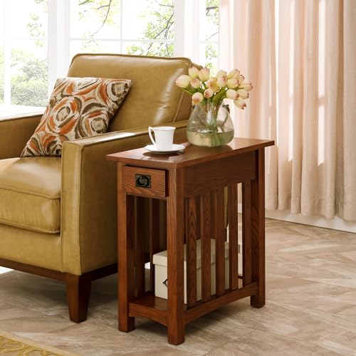 Leick Home Mission End Table, Solid Wood, 1 Storage Drawer, Bottom Display Shelf, Narrow, Slatted Sides, Easy-Assembly, Medium Oak, 22.5 in L x 12 in W x 24 in H, 8202 - color: Medium Oak / Blackened