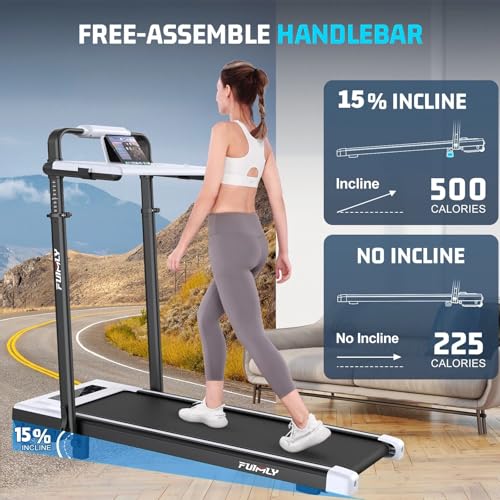 FUNMILY Upgrade Walking Pad Folding Treadmill with 12%/15% Incline & Handle Bar, 3.5HP Foldable Under Desk Compact Treadmills for Home/Office/Gym, 400+lb Capacity, Shock Absorption - color: White