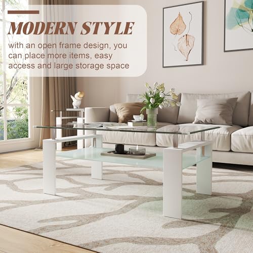 2-Tier Coffee Table with Tempered Glass Top and MDF Frame, Modern White Rectangular Glass Center Table for Living Room, Apartment, Office, Easy to Assemble - color: White, size: Coffee Table
