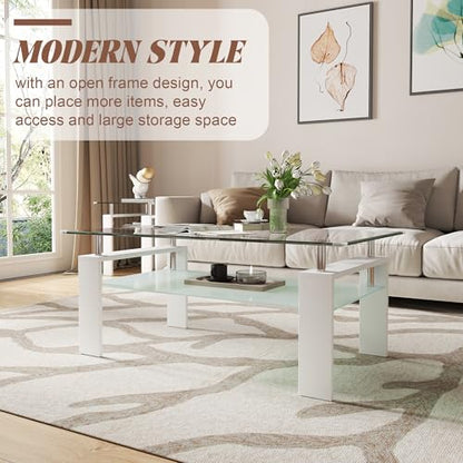 2-Tier Coffee Table with Tempered Glass Top and MDF Frame, Modern White Rectangular Glass Center Table for Living Room, Apartment, Office, Easy to Assemble - color: White, size: Coffee Table