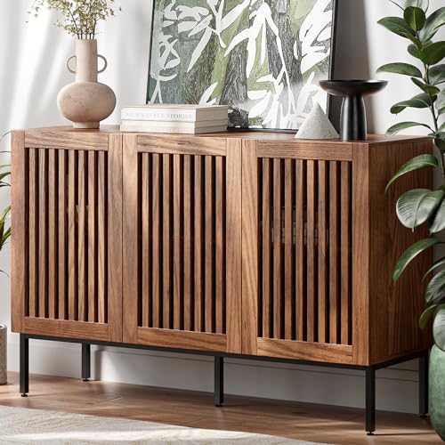 BVIUNTWO Buffet Cabinet, Modern Credenza Storage Cabinet with Adjustable Shelves and Metal Base, 47 Inch Wood Multifunctional Console Table for Kitchen, Living Room, Entryway, Brown - color: Brown, size: 47 Inch
