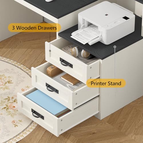 TVU Farmhouse Computer Desk with Drawers, 65'' Home Office Desk with Power Outlets, Storage Cabinet and Printer Stand, Study Writing Desks with Long Monitor Stand, Black and White - color: Black and White