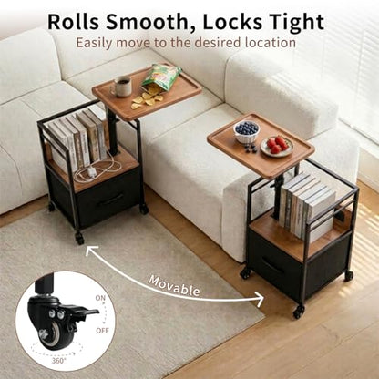 Small Bedside Table with Charging Station, Rolling Side Table with Wheels, Small Nightstand with Drawer Storage for Bedroom - Natural Wood with Tray - color: Natural Wood - Tray Style