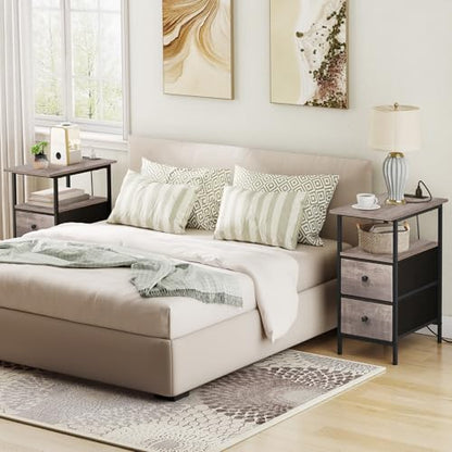 HOOBRO End Table with Charging Station, Narrow Side Table, Nightstand with 2 Non-Woven Drawers, Slim Sofa Side Table, for Small Spaces, Living Room, Bedroom, Greige and Black BG486UBZ01 - color: Greige + Black, size: 11.8"L x 18.9"W x 23.6"H