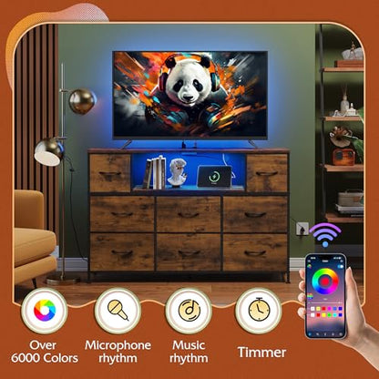 WLIVE Dresser TV Stand for 45, 50, 55 inch TV, Entertainment Center with LED Lights & Charging Station, Chest of Drawers with 8 Fabric Drawers and Open Shelves for Living Room, Hallway, Rustic Brown - color: Rustic Brown