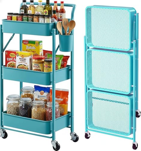 Foldable Rolling Cart 3-Tier Small Foldable Utility Storage Cart Multifunctional Metal Storage Bin Heavy Duty Organizer Carts with Rolling Wheels for Home Office (Turquoise) - color: Turquoise
