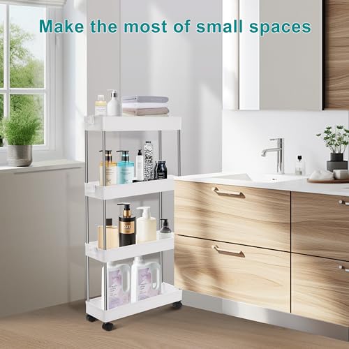 YSSOA Rolling Storage Cart, 4 Tier Slim Mobile Shelving Unit for Storage,360° Rotating Wheel Lockable Utility Cart,Great for Office, Kitchen, Bathroom, Laundry or Narrow Spaces, White - size: 4-Tier 16"Dx5"Wx33"H