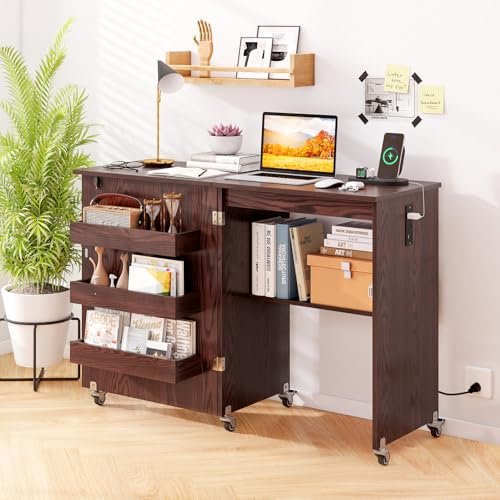 DREAMADE Folding Sewing Table with Storage, Craft Table w/Charging Station, 5 Lockable Wheels, Storage Bins & Shelf, Sewing Machine Desk for Home Office, Apartment, Studio (Brown) - color: Brown