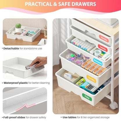 Goovilla Rolling Cart with Drawers, Utility Cart Organizer With 5 Removable Drawers and Wooden Tabletop, Lockable Rolling Storage Organizer for Art, Classroom, Home, Dorm, Office, Craft Storage, White - size: White
