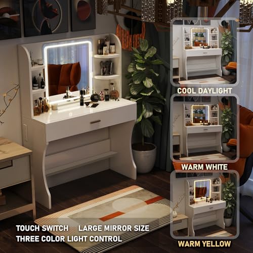 Vanity Desk, Makeup Vanity with Mirror and Lights, White Makeup Vanity Table with Big Drawer, Power Outlet, Stronger Links, for Bedroom, Dressing Room - color: White.