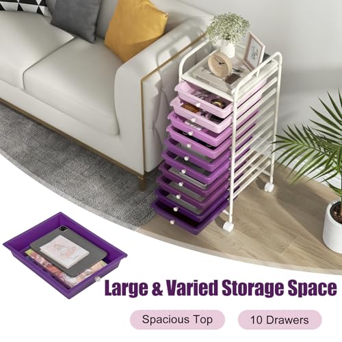 DREAMADE Rolling Cart with Storage Drawers, Utility Cart w/Removable Plastic Drawers, Lockable Wheels, Art Cart for Classroom Organization Art Supplies Office Scrapbook (10 Drawers, Gradient Purple) - color: Gradient Purple, style: 10 Drawers