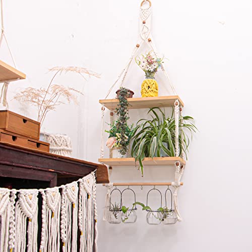TENEWEE Boho Macrame Wall Hanging Shelf with Hooks for Bedroom | Handmade Woven, Space Saving For Rental Apartments, Easy Hanging, Plant & Book Display, Bedroom, Kitchen, Bathroom, Dorm - size: 2tier shelves