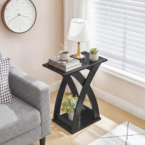 HOOBRO End Table Living Room Set of 2, Narrow Side Table for Small Spaces, Black 3 Tier End Table with Storage Shelf, X-Design Slim Nightstand Bedside Table, Living Room, Bedroom, Black BK356BZP201