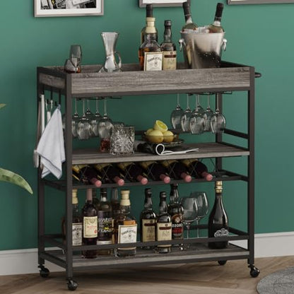 Bar Cart, Home Bar Serving Cart on Wheels, Mobile 3 Tier Liquor Beverage Carts with Wine Rack and Glass Holder (Grey Oak) - color: Grey Oak, size: 14.17"D x 37.01"W x 35.23"H