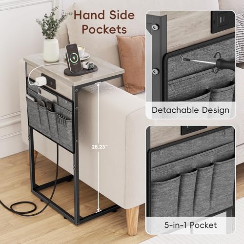 C Shaped End Table with Charging Station, 28" Tall Couch Side Table, Sofa Table Beside Table, Slide Under Sofa Arm C Table for Small Spaces, TV Tray Table for Living Room, Bedroom, Gray - color: Grey