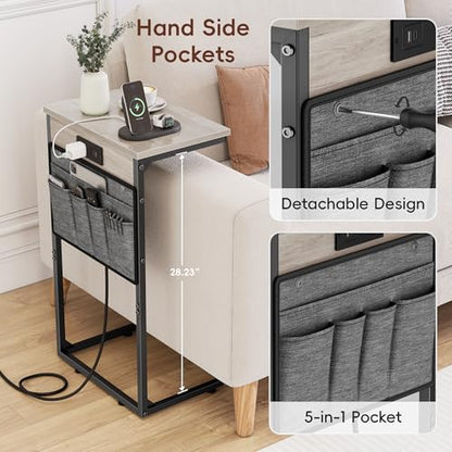 C Shaped End Table with Charging Station, 28" Tall Couch Side Table, Sofa Table Beside Table, Slide Under Sofa Arm C Table for Small Spaces, TV Tray Table for Living Room, Bedroom, Gray - color: Grey