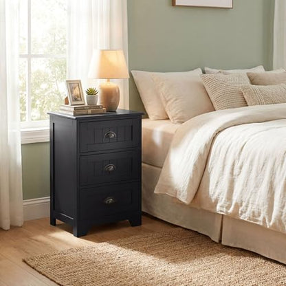 Giantex Nightstand with 3 Drawers, Bedside Table with Exquisite Metal Handles, Accent Table Sofa Side Table with Anti-toppling Device for Bedroom, Study, Black - color: Black
