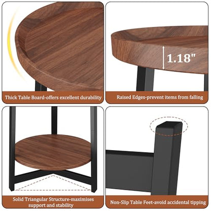 Industrial 2 Tier Round Side Table with Storage Shelf,Accent Tray End Table with Triangular Metal Support, Nightstand Bedside Sofa Table for Living Room, Bedroom, Balcony, Cherry - color: Cherry, style: No Charging Station
