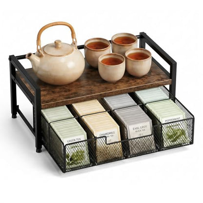 8-Drawer Tea & K-Cup Storage Organizer for Countertop | 8 large drawers，Iron & wood, fits tea bags & K-Cups, dust-proof，space-saving，for countertop or drawer，easy-clean