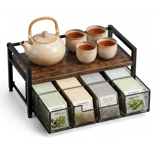 8-Drawer Tea & K-Cup Storage Organizer for Countertop | 8 large drawers，Iron & wood, fits tea bags & K-Cups, dust-proof，space-saving，for countertop or drawer，easy-clean