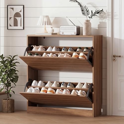 Xixini Shoe Storage Cabinet for Entryway with 2 Flip Drawers, Wood Freestanding Hidden Shoe Storage, Narrow Slim Sturdy Shoe Organizer for Front Door Entrance, Living Room, Hallway, Bedroom, Walnut - color: Walnut, size: 2 Drawers without Rack