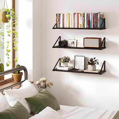 BAMEOS 24X8 Floating Shelves Rustic Wood Wall Shelf Set of 3,Bookshelf for Living Room, Office, and Bedroom, with Metal Bracket… - style: 3 pack Black 24"W 8"D